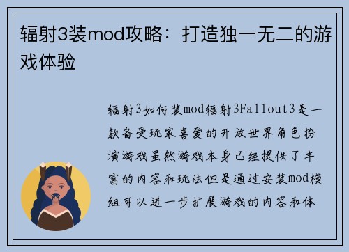 辐射3装mod攻略：打造独一无二的游戏体验